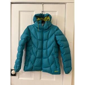 Mountain equipment co-op women’s large blue extreme puffy coat hooded jacket